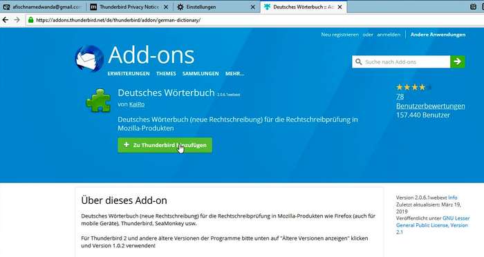 Thunderbird Add-Ons: Deutsches Wörterbuch herunterladen