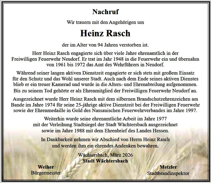 Traueranzeige Heinz Rasch