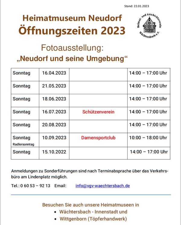 Öffnungszeiten 2023 des Heimatmuseums Neudorf