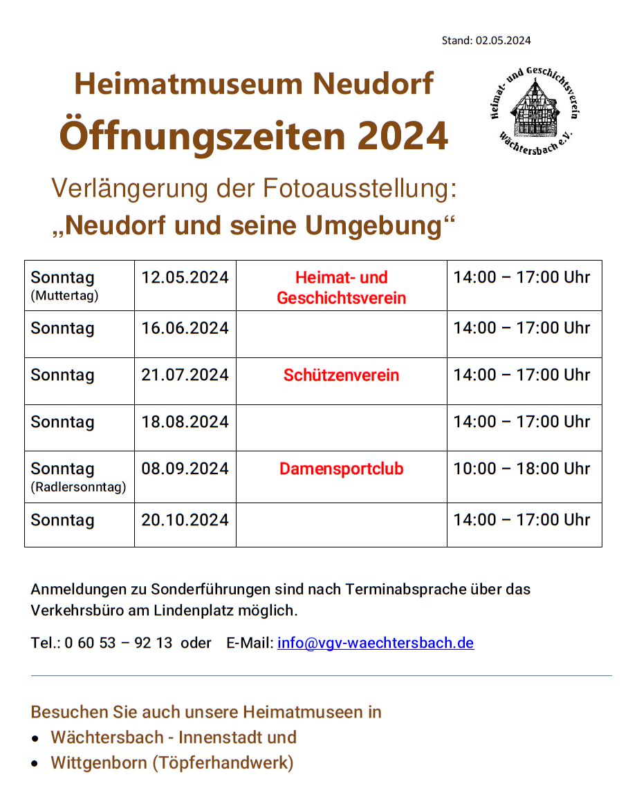 Öffnungszeiten 2024 des Heimatmuseums Neudorf