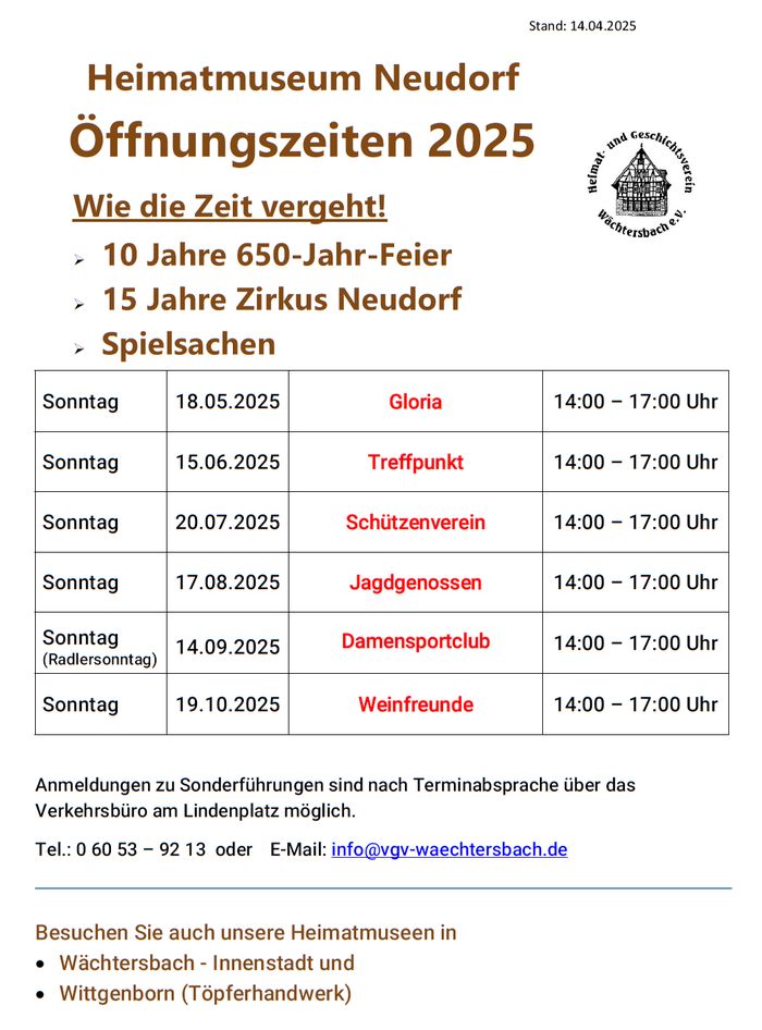Öffnungszeiten des Heimatmuseums Neudorf 2025