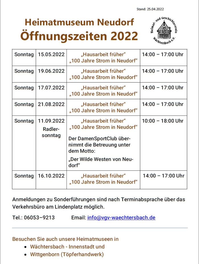Heimatmuseum Neudorf: Öffnungszeiten 2022