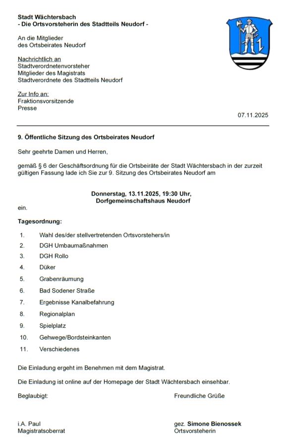 Tagesordnung der Ortsbeirats-Sitzung am 13.11.2025