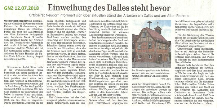 Einweihung Dalles steht bevor (aus GNZ vom 12.07.2018)