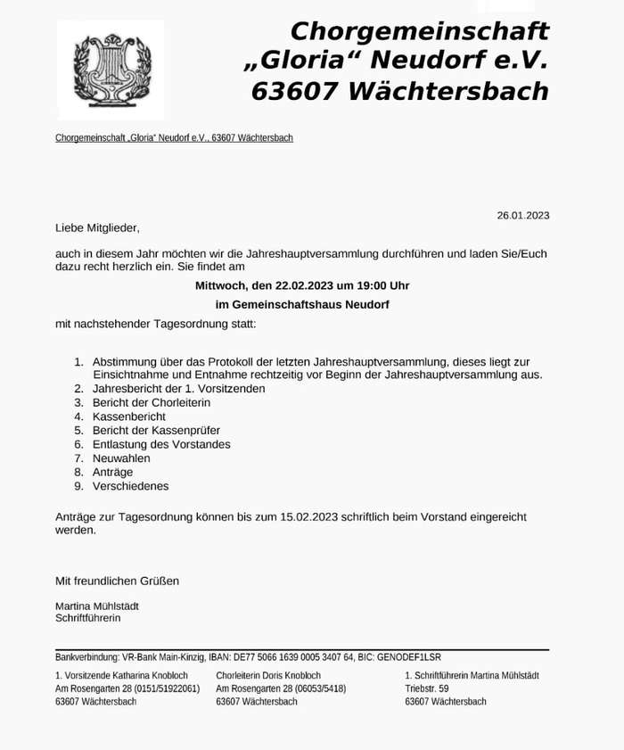 Chorgemeinschaft Gloria Neudorf  -  JHV 2023  -  Einladung