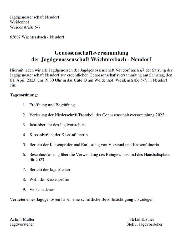 Einladung zur JHV 2023 der Jagdgenossenschaft Neudorf