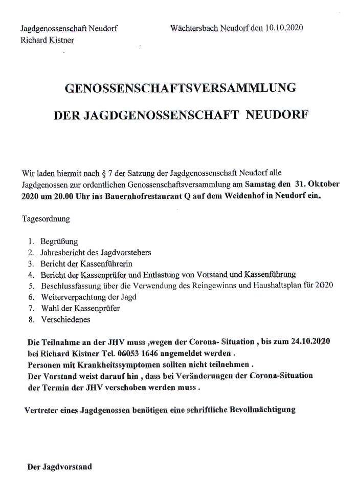 Jahreshauptversammlung 2020 der Jagdgenossenschaft Neudorf