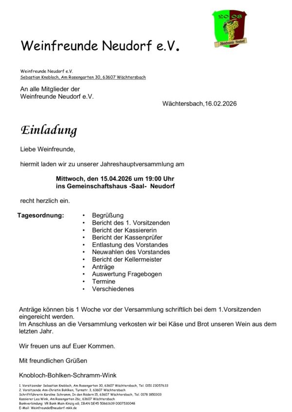 Einladung zur JHV 2026